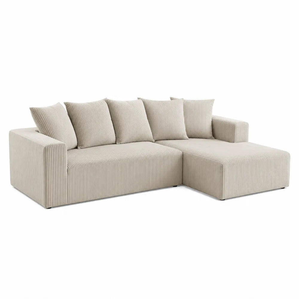 Kremowa sofa narożna, tkanina sztruksowa, 250x150x85 cm