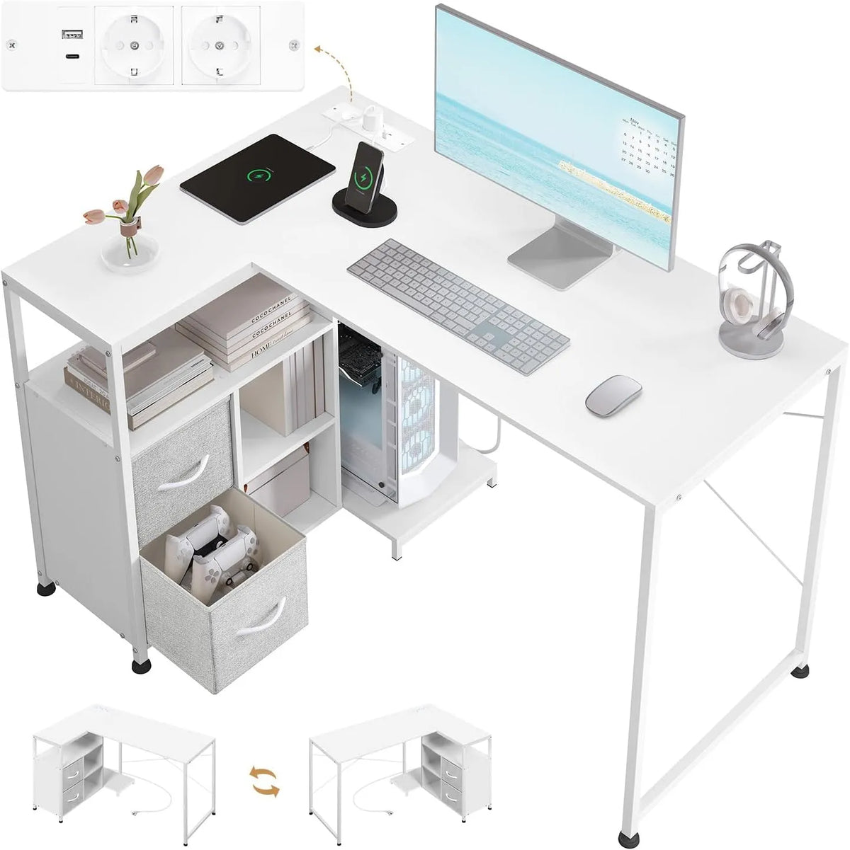Biurko i stół komputerowy: USB-A, w kształcie litery L, z biurkiem, z portem USB, 120 × 80 cm, biały, z metalu