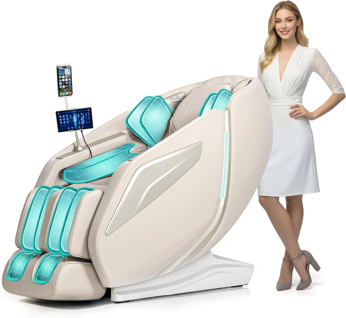 Fotel masujący i fotel relaksacyjny — masaż Shiatsu, technologia 3D/4D, z ogrzewaniem, biały