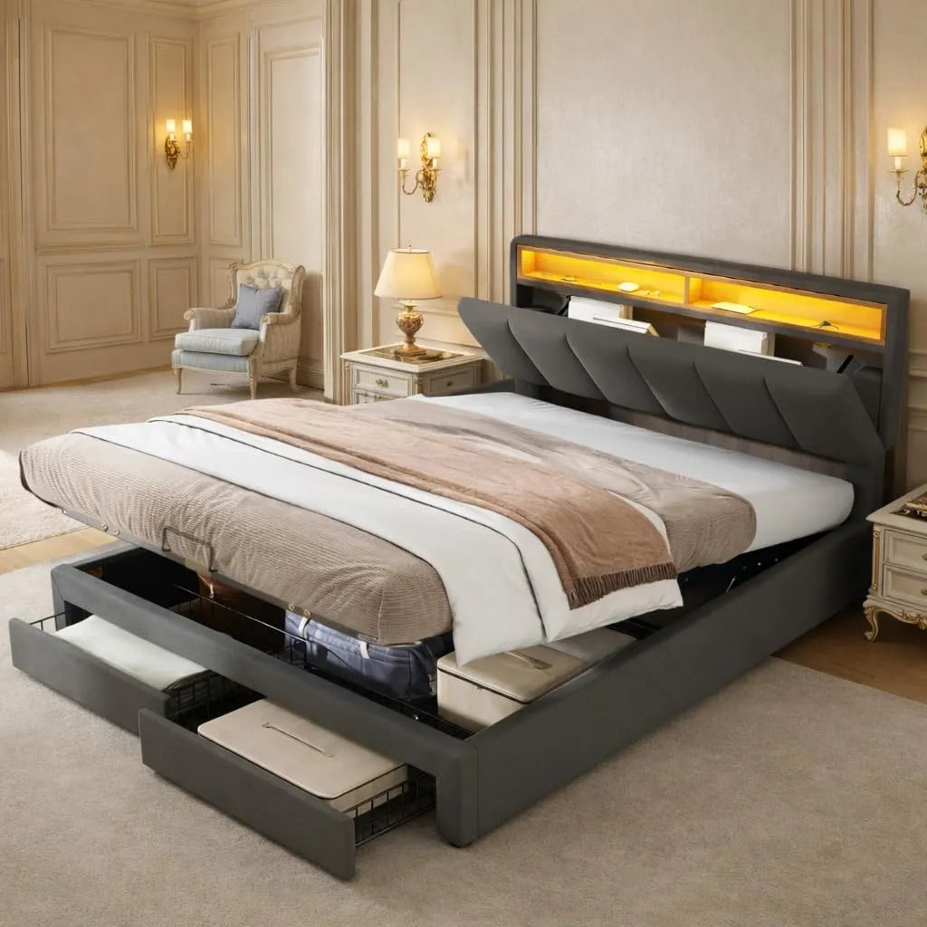 Łóżko bagażowe 140 x 190 z 2 szufladami – z szufladami, z portem USB, wyświetlacz LED, 140 × 190, 140 × 190 cm, szary