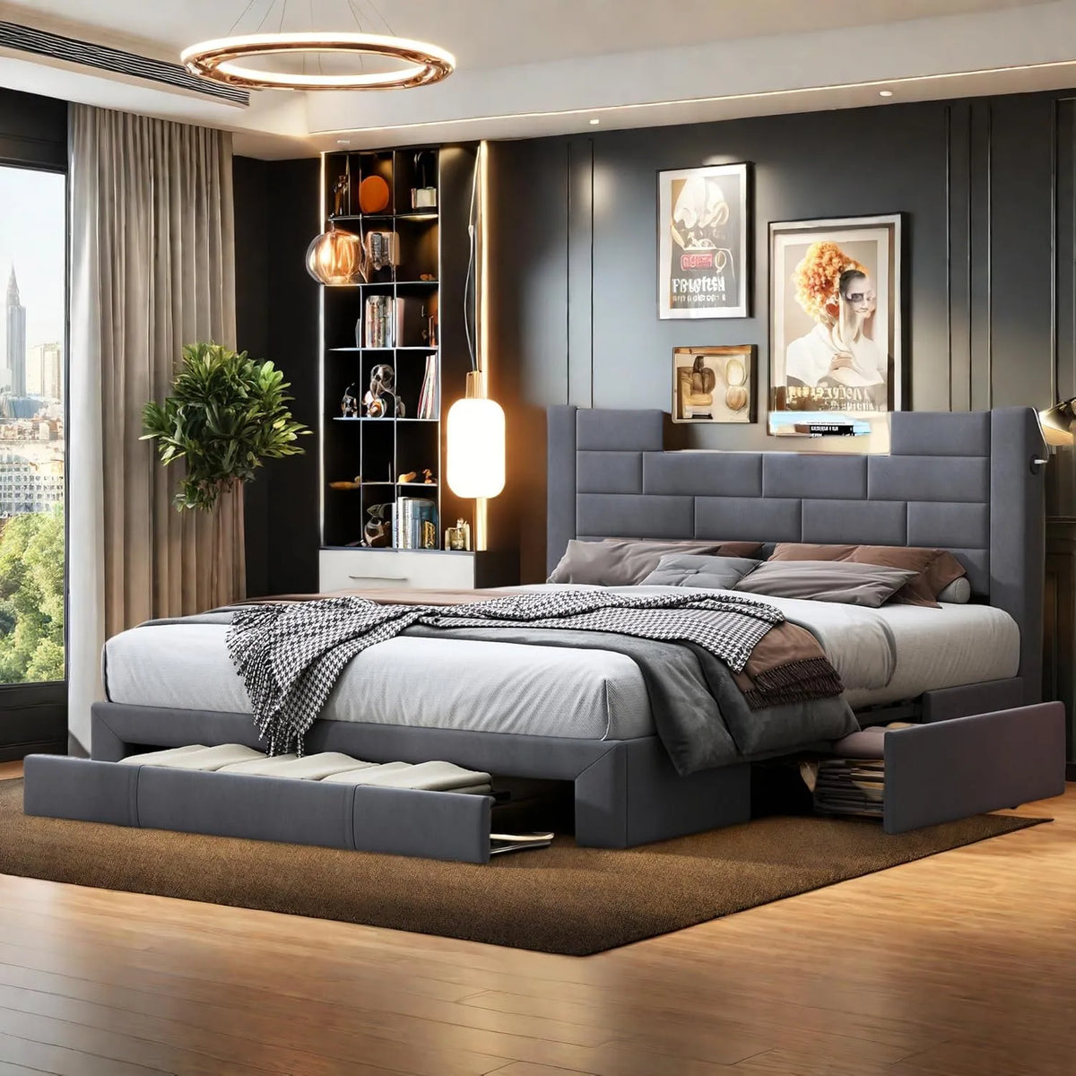 Łóżko tapicerowane i rama łóżka z obiciem: z szufladami, z portem USB, tapicerka aksamitna, wyświetlacz LED, 3 szufladami, 140 × 200 cm