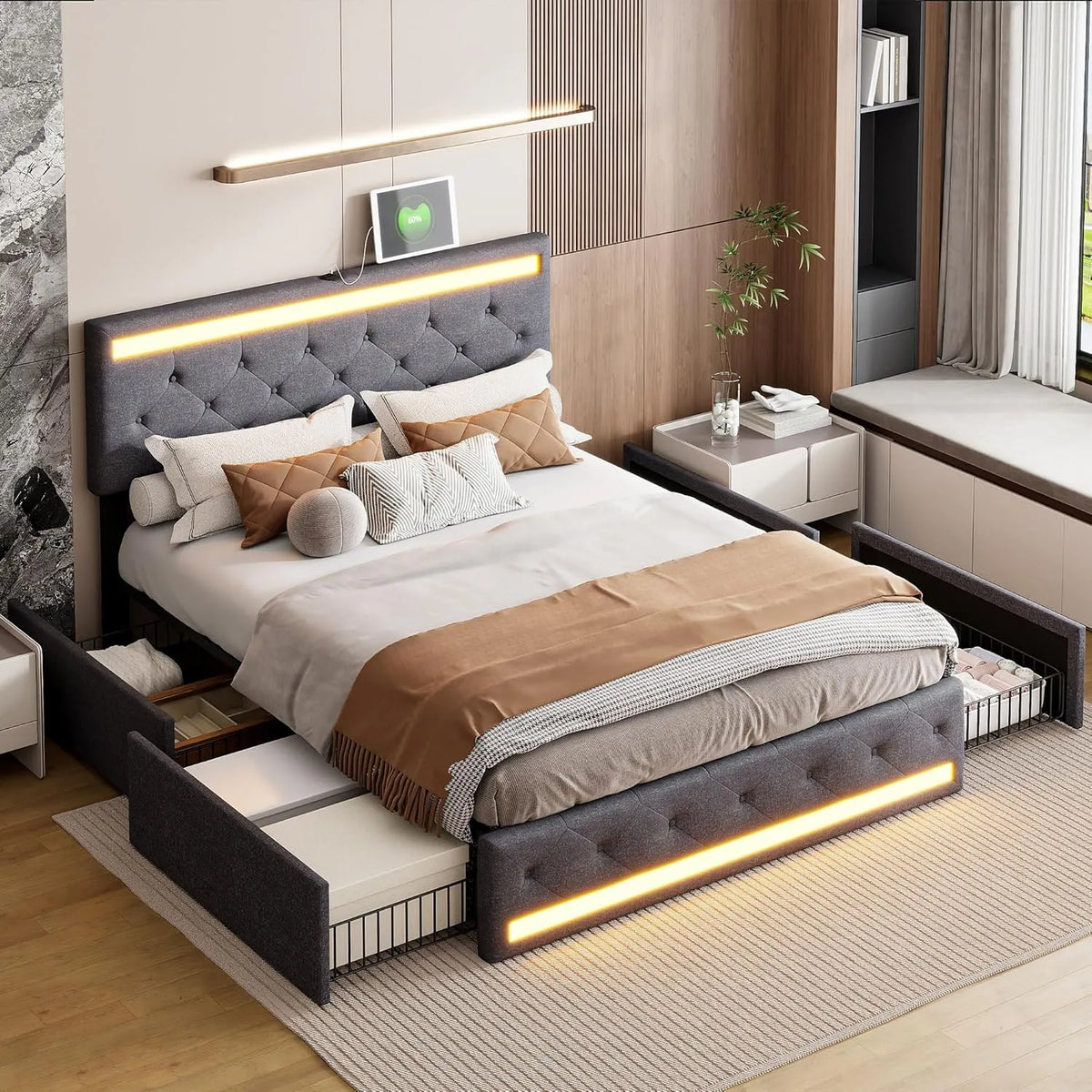 Łóżko LED 180 x 200 z szufladą — z szufladami, z portem USB, wyświetlacz LED, 2-osobowe, 4 szufladami, 180 × 200, szary