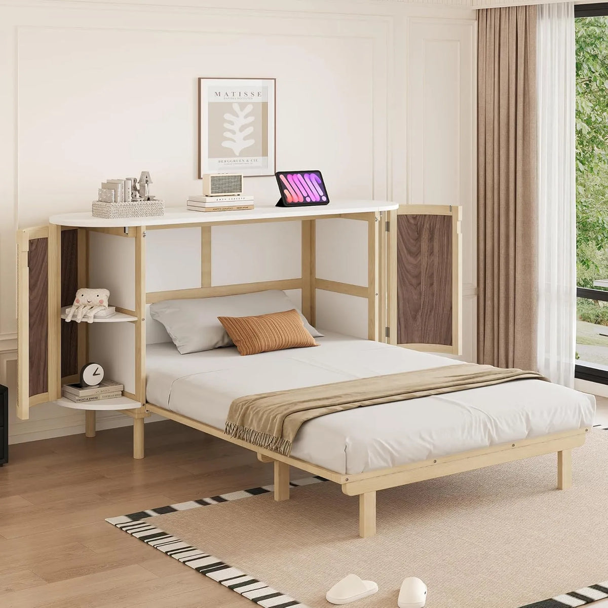 Dolamaní Murphy Bed 140x200 cm — z drewna, z szufladami, z szafą, z technorattanu, 140 × 200 cm