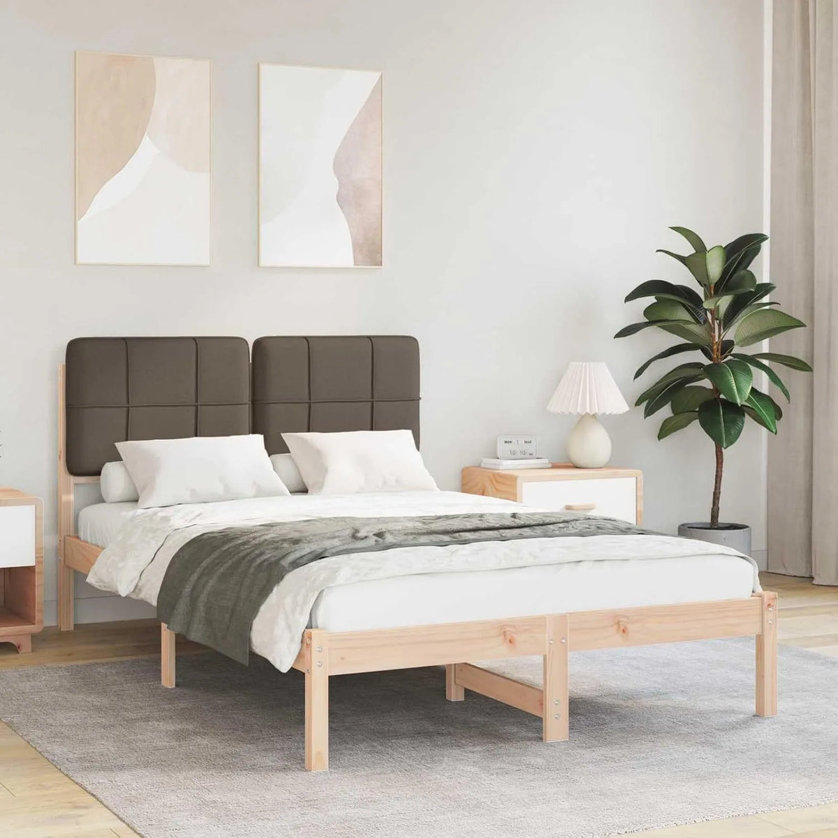 Rama łóżka i konstrukcja łóżka z tapicerowanym zagłówkiem w kolorze taupe — z drewna, 120 × 200 cm, beżowy, tapicerka materiałowa