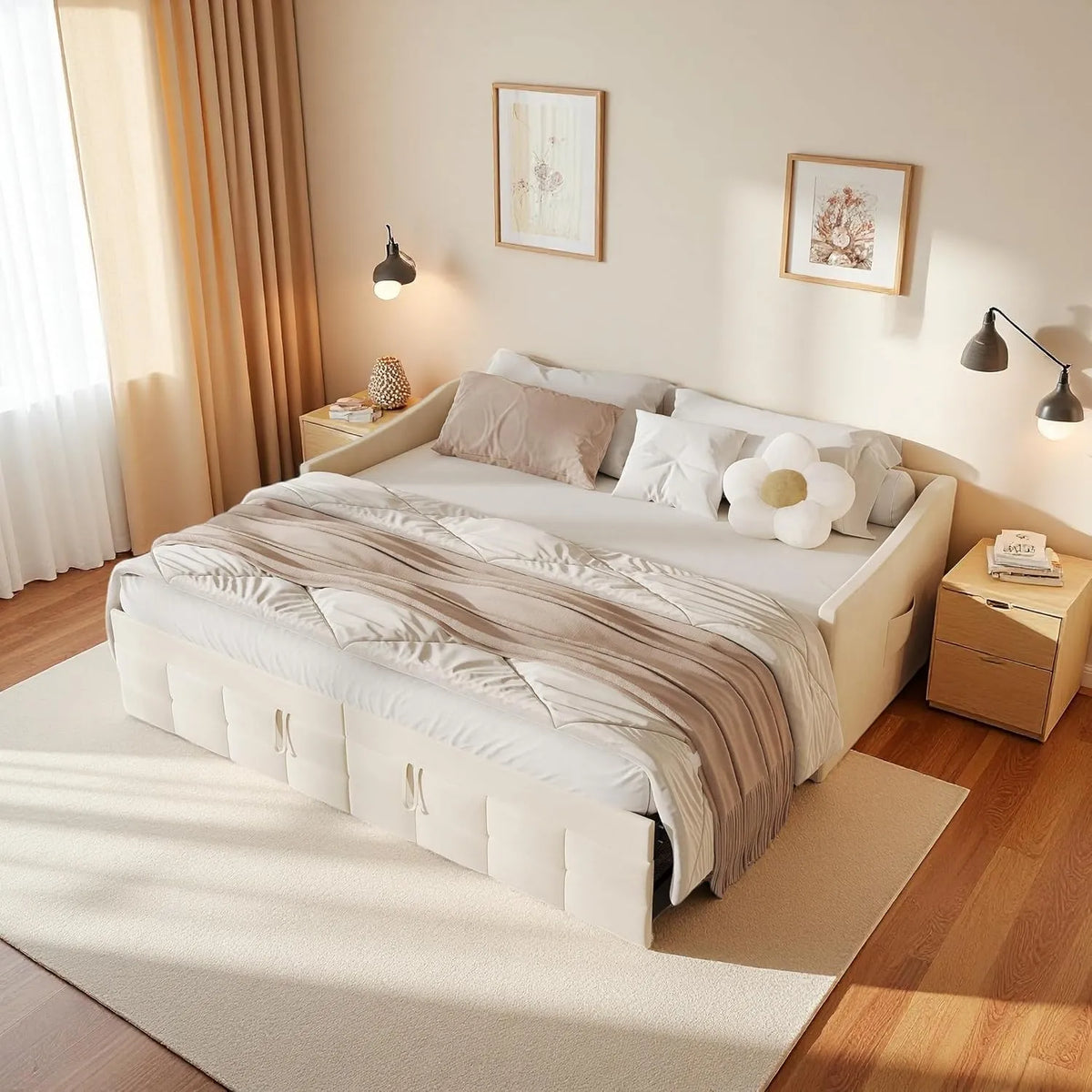 Sofa — z drewna, z funkcją spania, 180 × 200 cm, rozkładana konstrukcja, tapicerka materiałowa