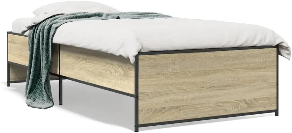 Rama łóżka i konstrukcja łóżka z materiału drewnopochodnego i metalu w kolorze dębu — z drewna, 90 × 200 cm