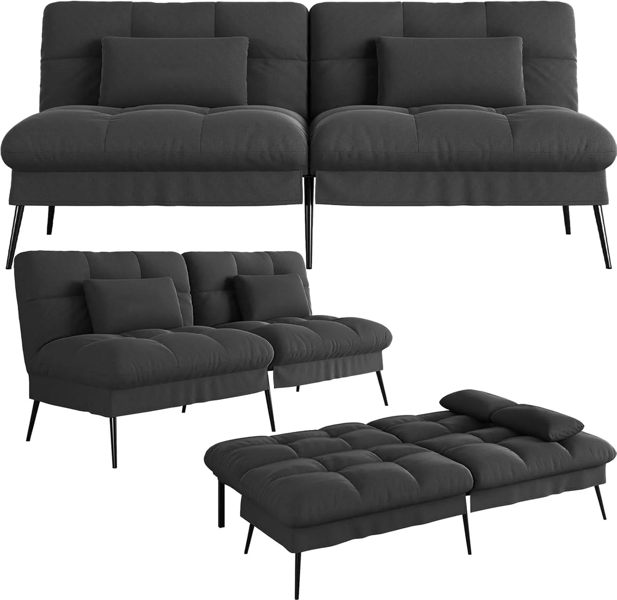 Sofa narożna – tapicerka materiałowa, z funkcją spania, z oparciem, regulowana konstrukcja, 3-osobowa, czarny, rozkładana konstrukcja