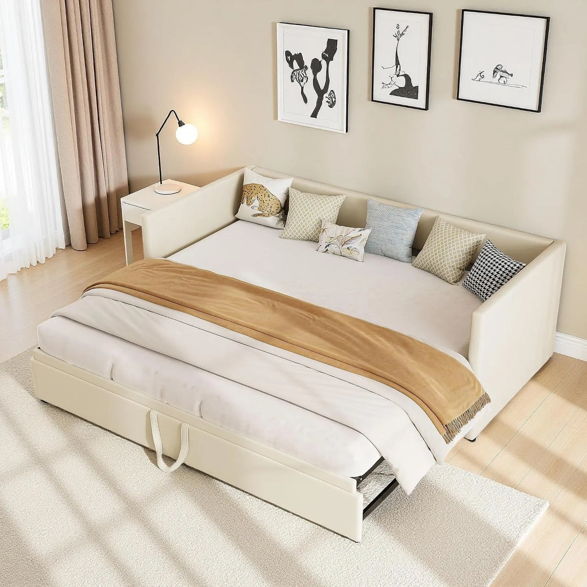 Sofa rozkładana i sofa z funkcją spania – tapicerka aksamitna, 2-osobowa, 180 × 200 cm, beżowy, tapicerka materiałowa