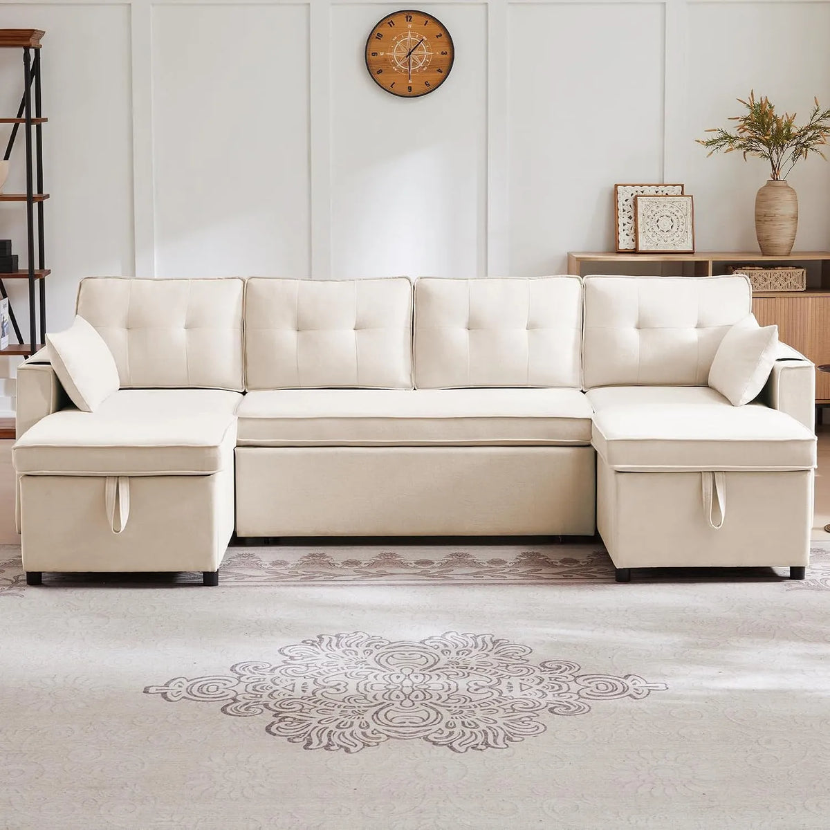 Sofa — w kształcie litery U, z funkcją spania, z poduszkami