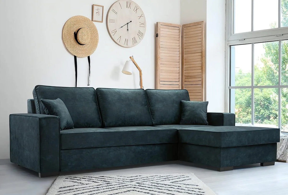 Sofa narożna — LUPI, w kształcie litery L, z funkcją spania, 265 × 165