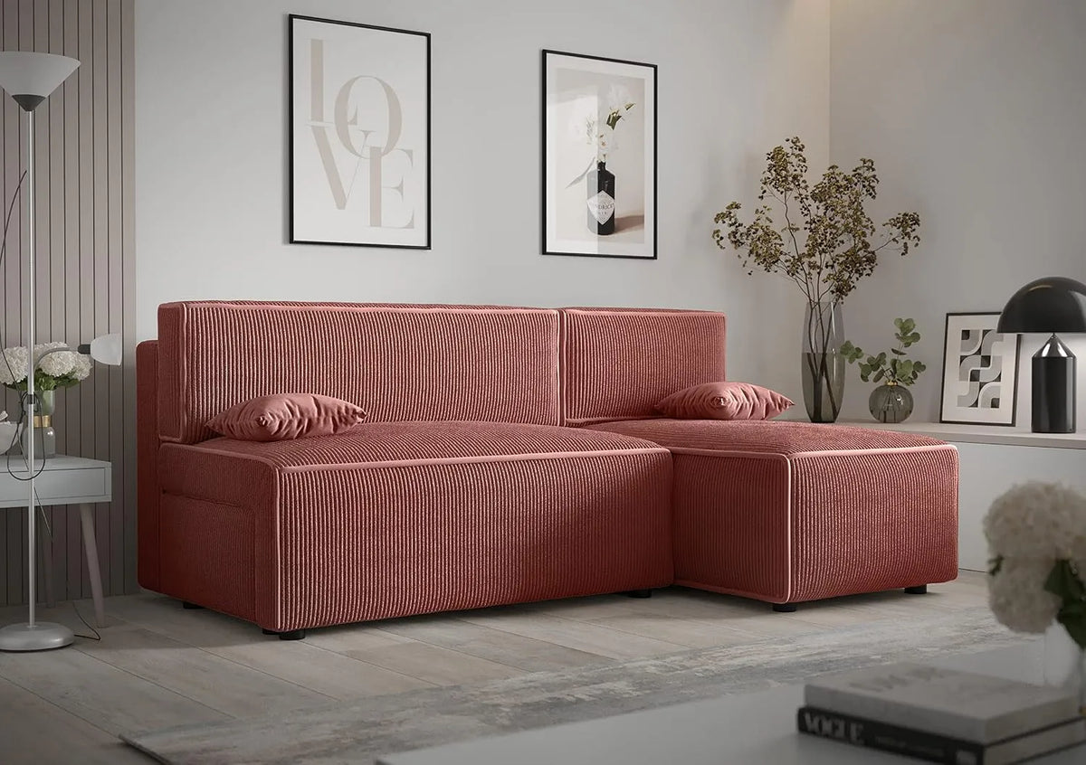 Sofa narożna — ze sztruksu, z funkcją spania, 212 cm, 85 cm, 105 cm, różowy