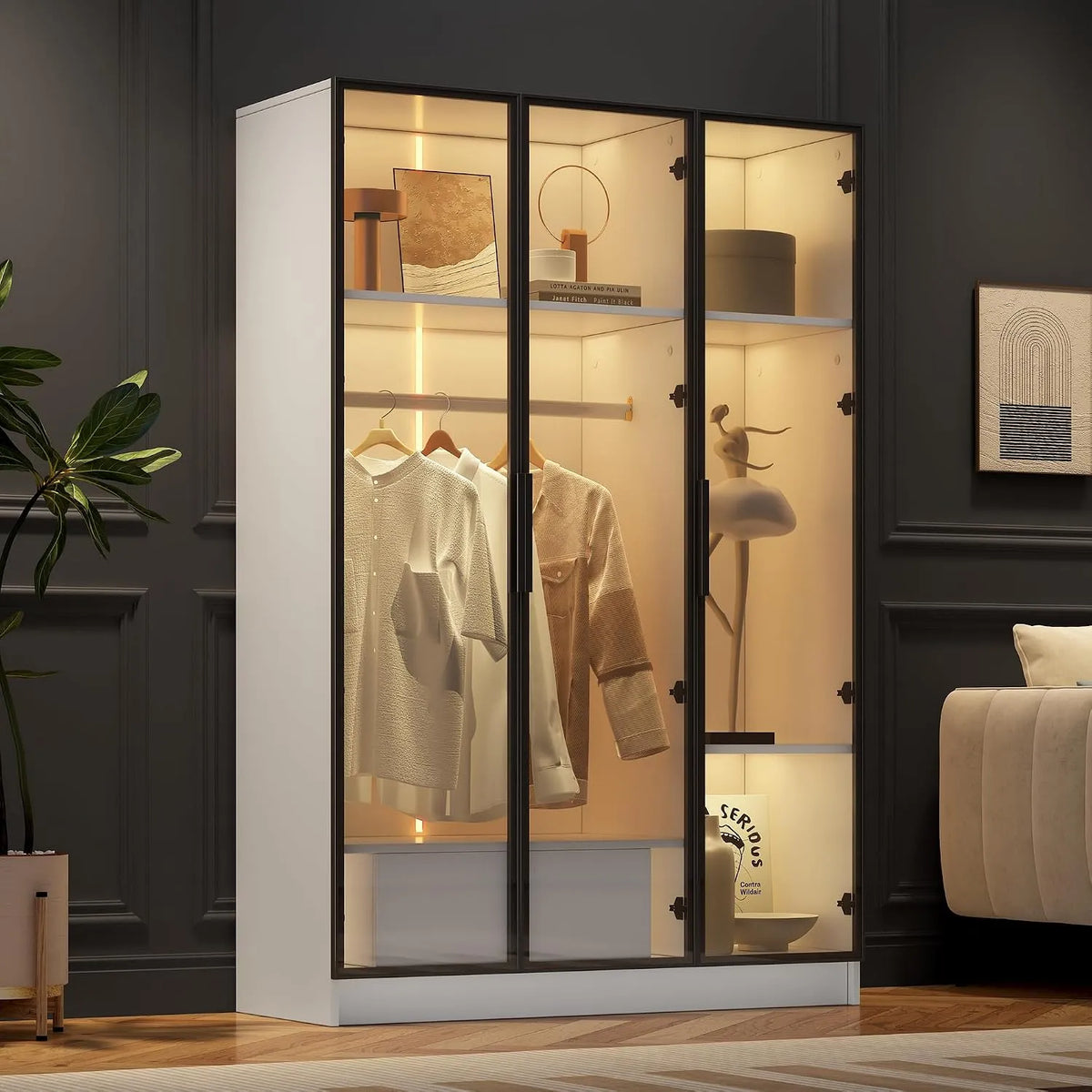 Szafa: z szufladami, z drążkiem na ubrania, wyświetlacz LED, 110 × 50 × 160 cm, biały