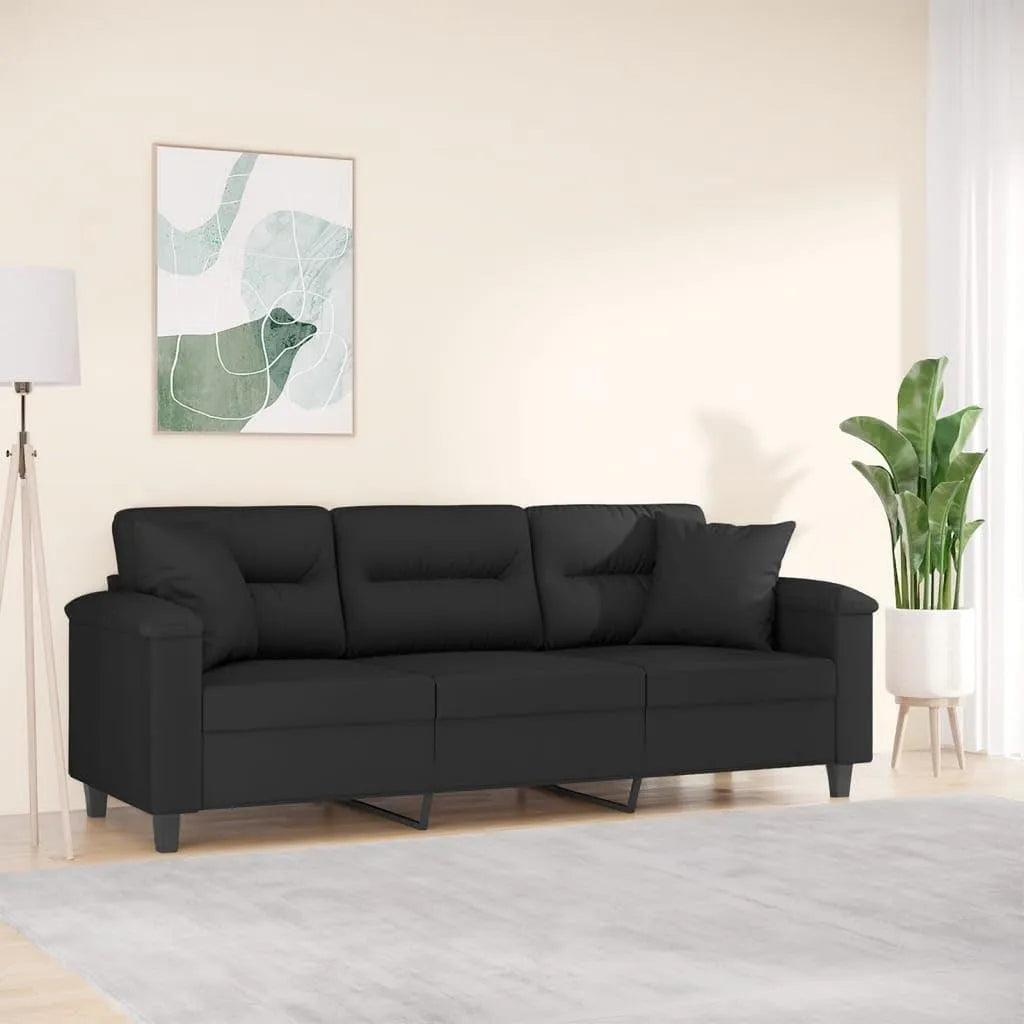 Sofa: tapicerka materiałowa, z poduszkami, 3-osobowa, 180 cm, czarny, tapicerka materiałowa