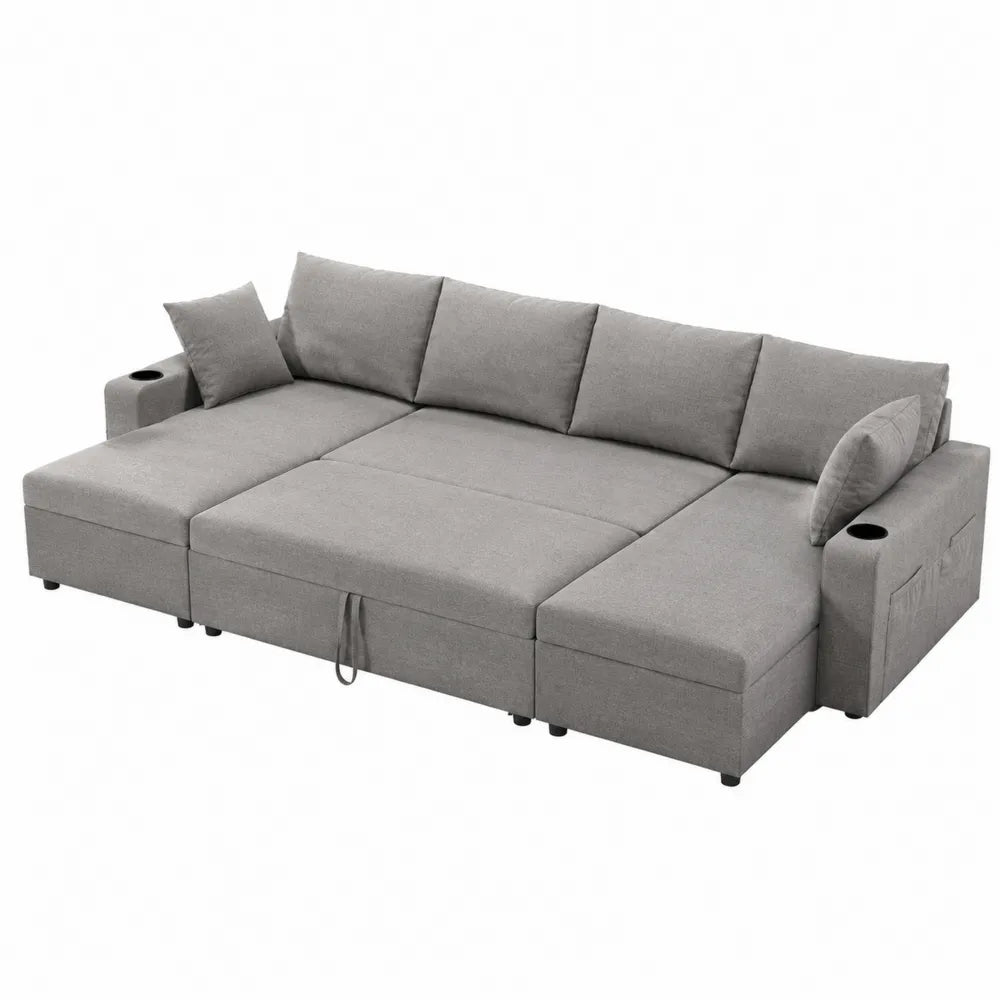 Sofa modułowa rozkładana szara tkanina z poduszkami, 300x150x90 cm