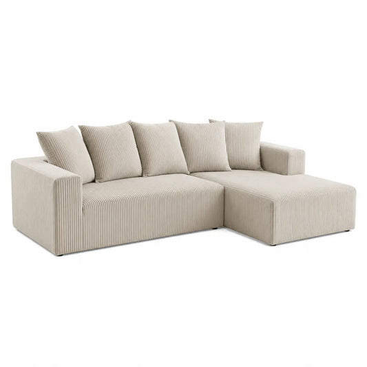Kremowa sofa narożna, tkanina sztruksowa, 250x150x85 cm