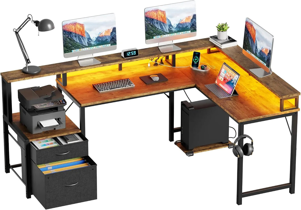 Biurko i stół komputerowy — w kształcie litery L, z szufladami, z biurkiem, z portem USB, 168 × 100 cm, brązowy, z oświetleniem LED