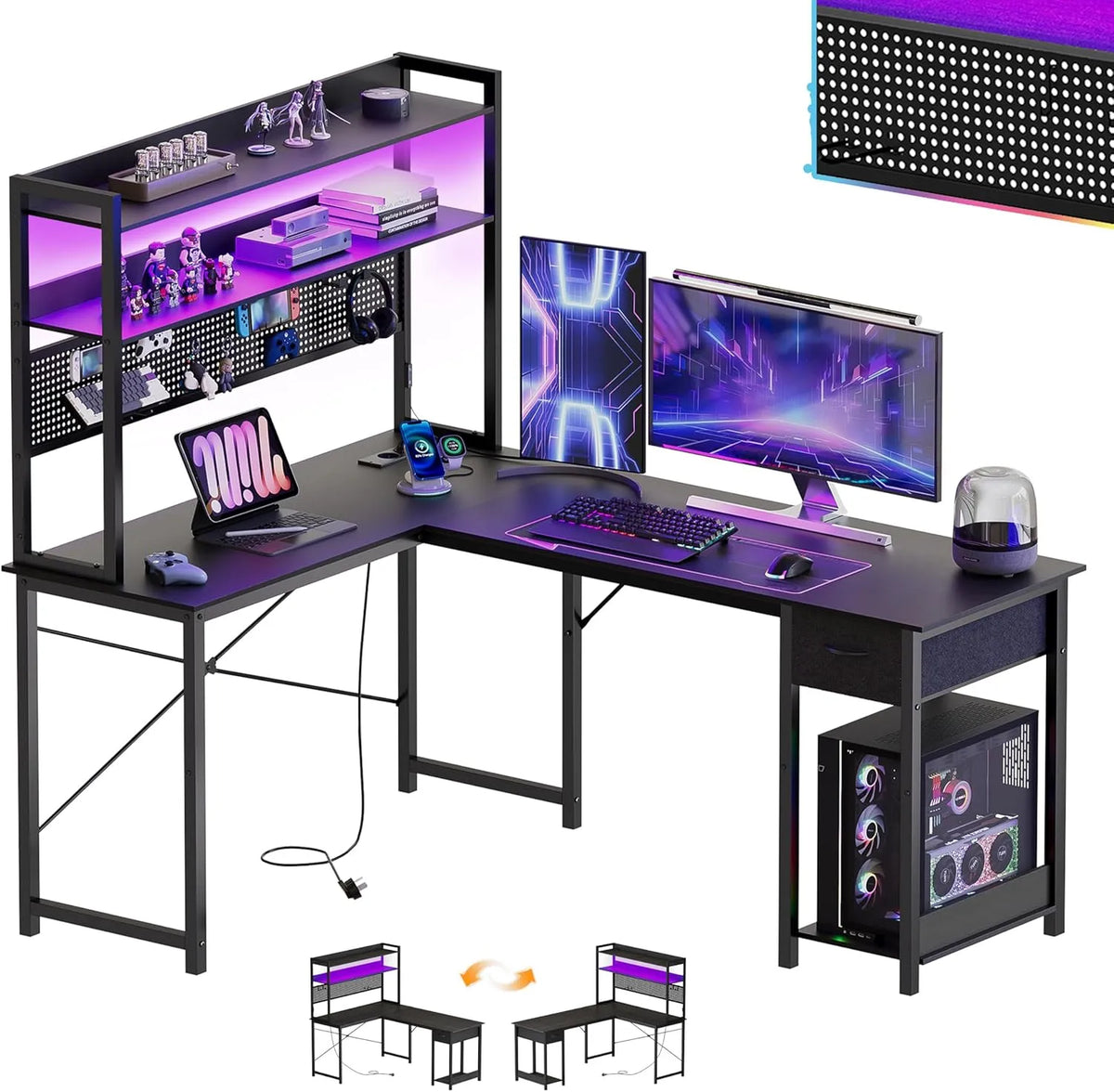 Biurko i stół komputerowy: w kształcie litery L, z biurkiem, z portem USB, gamingowy, 155 × 100 cm
