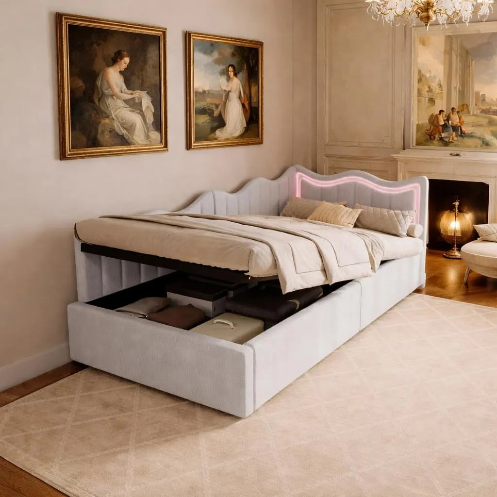 Łóżko tapicerowane i rama łóżka z obiciem – tapicerka aksamitna, wyświetlacz LED, 90 × 200 cm