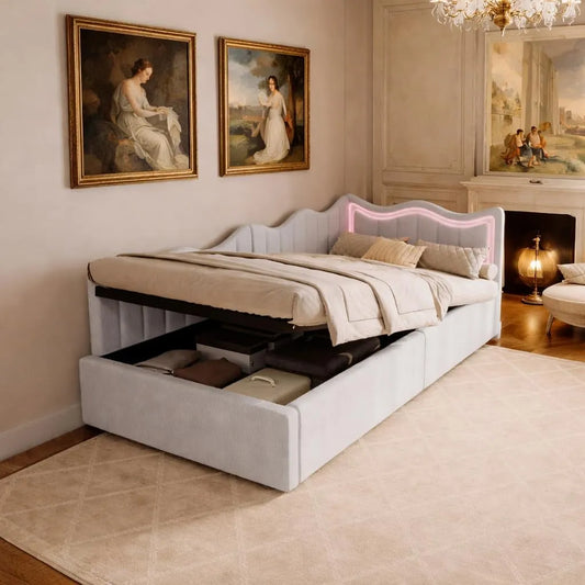Łóżko tapicerowane i rama łóżka z obiciem – tapicerka aksamitna, wyświetlacz LED, 90 × 200 cm