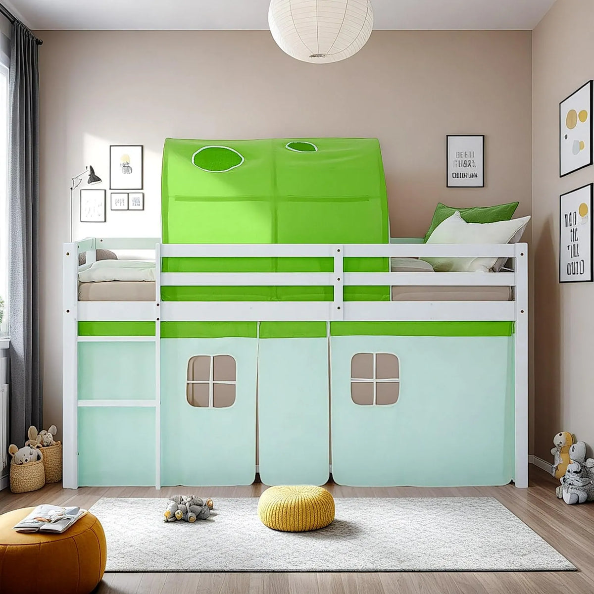 Homestyle4u Łóżko loft: z drewna, z zabezpieczeniem przed wypadnięciem, 90 × 200, zielony, tapicerka materiałowa