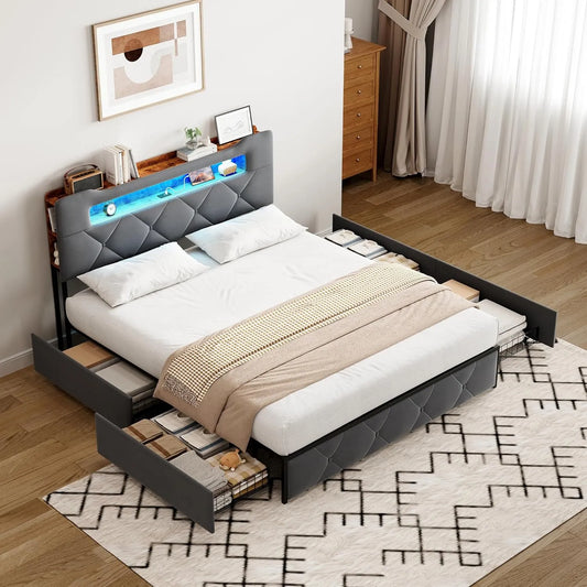 Łóżko tapicerowane i rama łóżka z obiciem — tapicerka materiałowa, z szufladami, z portem USB, wyświetlacz LED, 4 szufladami, 160 × 200 cm, szary