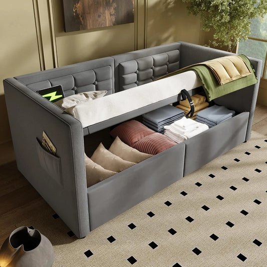 Sofa – z funkcją spania, z portem USB, tapicerka aksamitna, 90 × 190 cm, szary