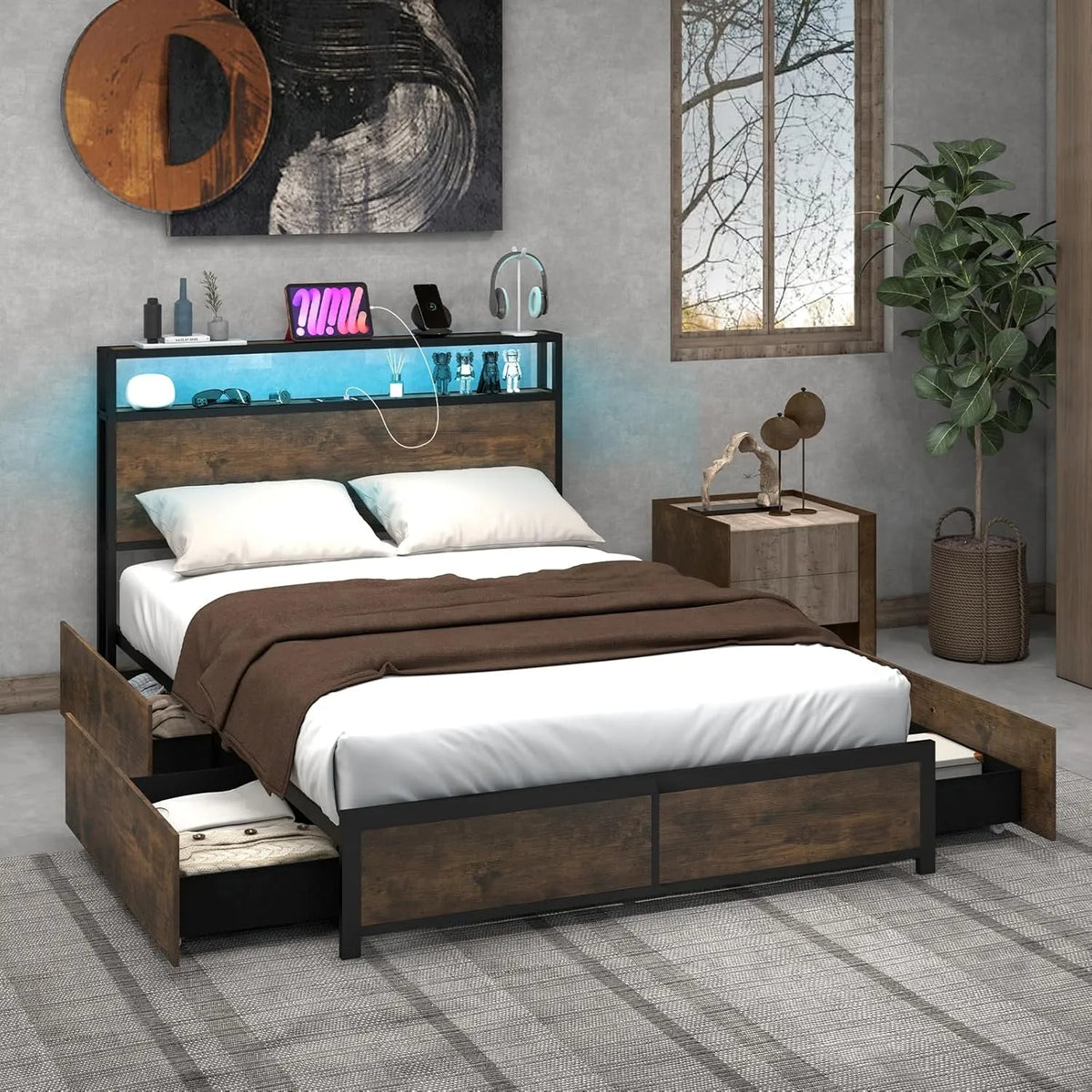 COSTWAY Łóżko z oświetleniem LED — z szufladami, wyświetlacz LED, 4 szufladami, 200 × 140 cm, z metalu, tapicerka materiałowa