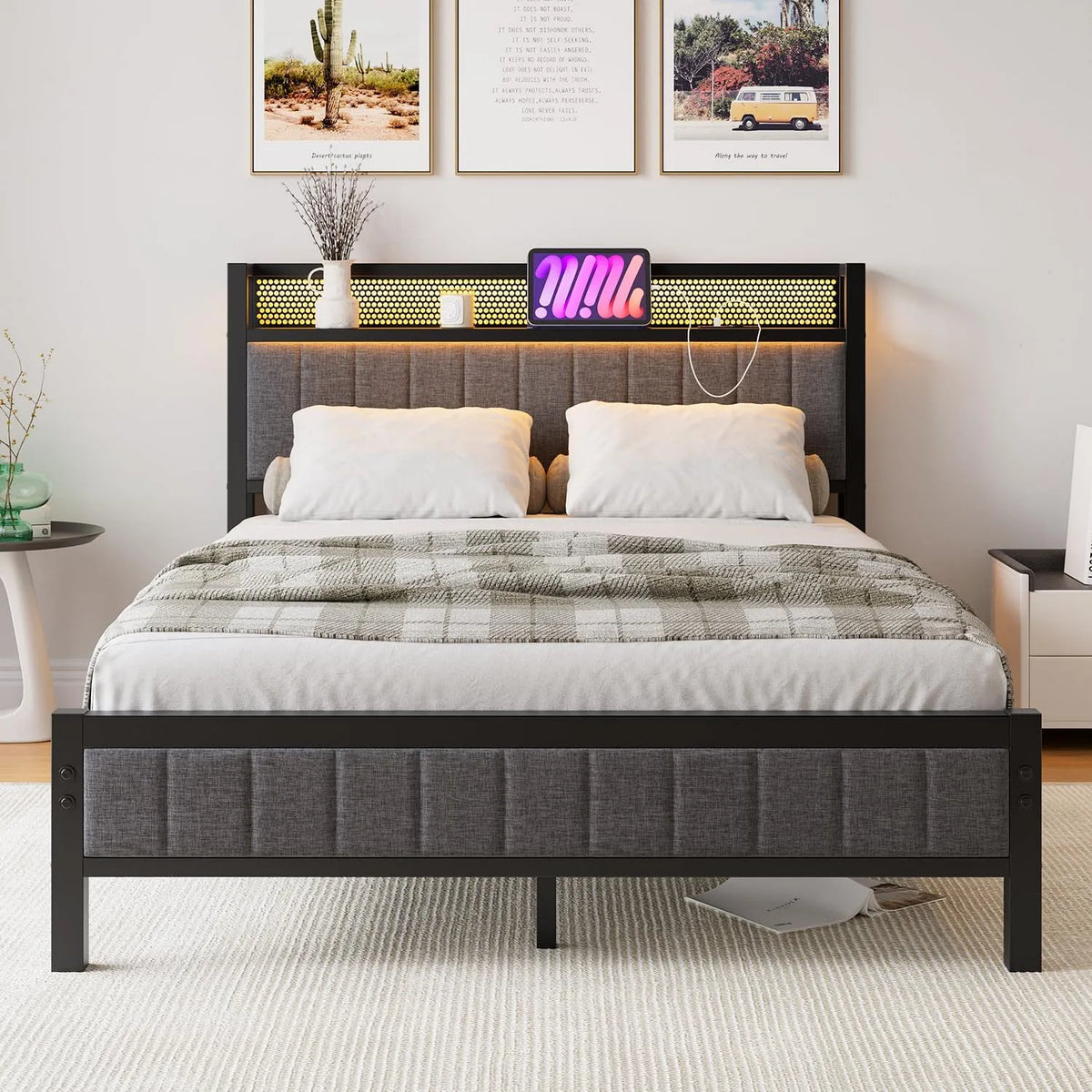 Rama łóżka i konstrukcja łóżka z diodami LED: wyświetlacz LED, 140 × 200 cm, z metalu, tapicerka materiałowa
