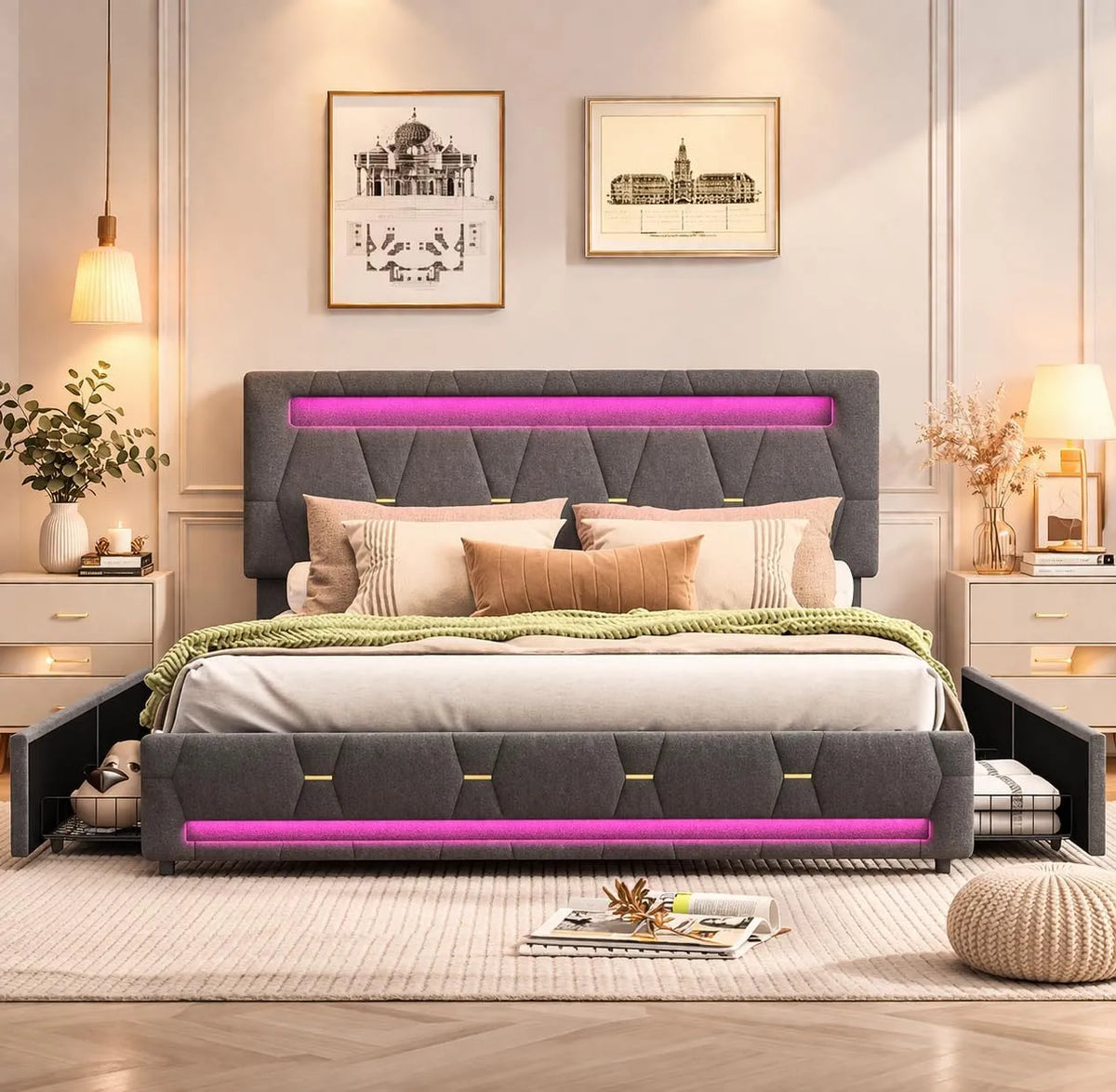 Łóżko tapicerowane i rama łóżka z obiciem – z szufladami, regulowana konstrukcja, 4 szufladami, 140 × 200 cm, szary, tapicerka materiałowa