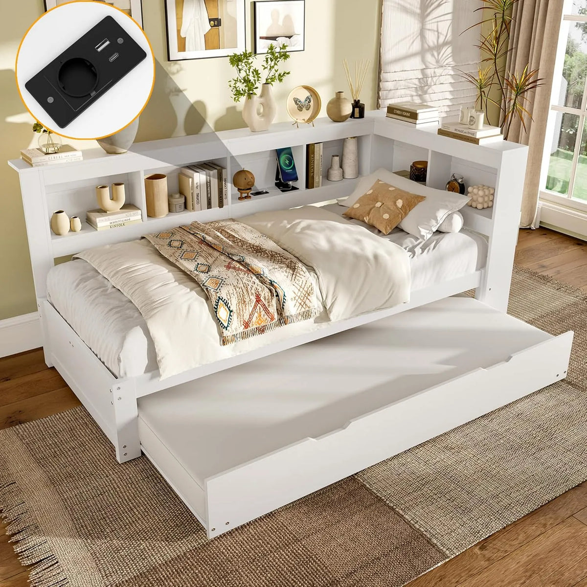 Sofa — z portem USB, 90 × 200 cm, tapicerka materiałowa