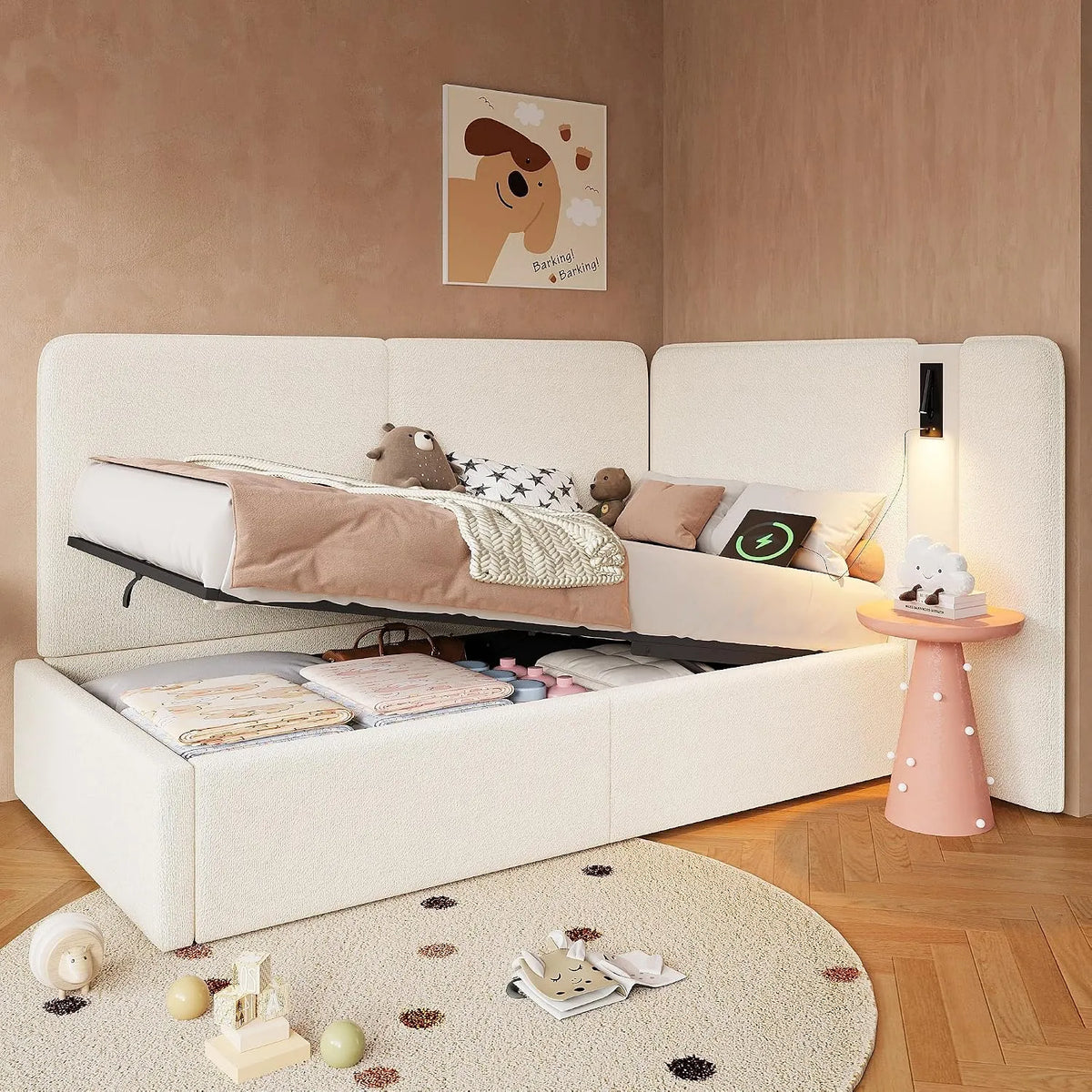 Łóżko tapicerowane i rama łóżka z obiciem – z funkcją spania, z portem USB, tapicerka bouclé, 90 × 200 cm, beżowy