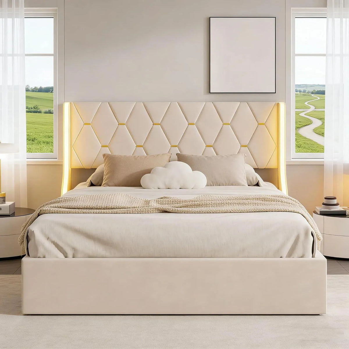 Łóżko tapicerowane i rama łóżka z obiciem — z szufladami, tapicerka aksamitna, wyświetlacz LED, 160 × 200 cm, tapicerka materiałowa