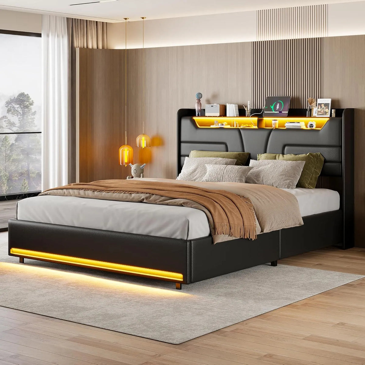 Łóżko tapicerowane i rama łóżka z obiciem — z portem USB, 160 × 200 cm, czarny, z oświetleniem LED, tapicerka materiałowa