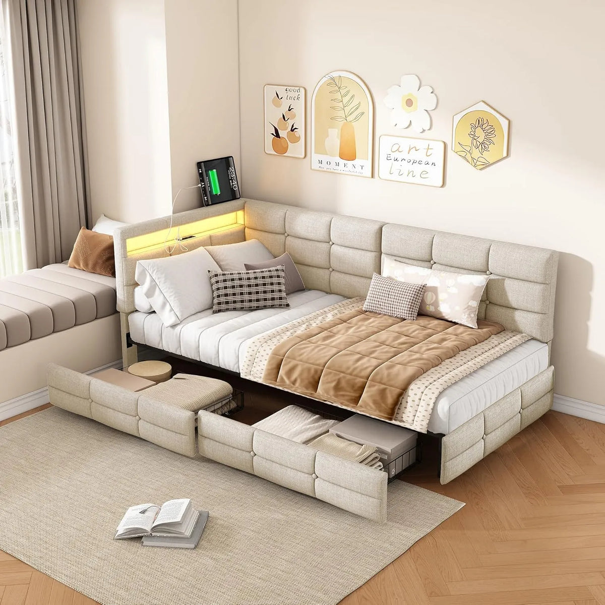 Sofa: z szufladami, z portem USB, wyświetlacz LED, 90 × 200