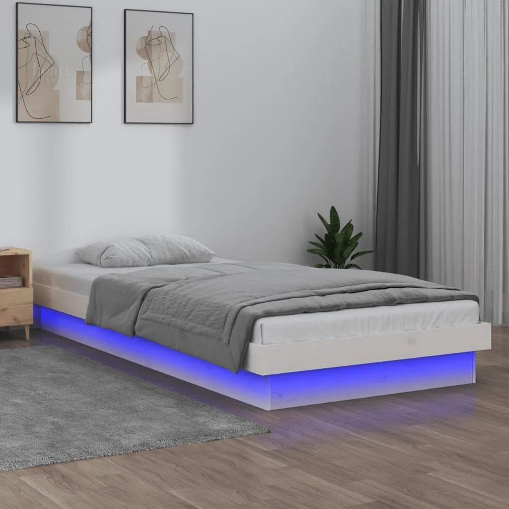 Rama łóżka i konstrukcja łóżka – z drewna, wyświetlacz LED, 90 × 200 cm, biały, z litego drewna