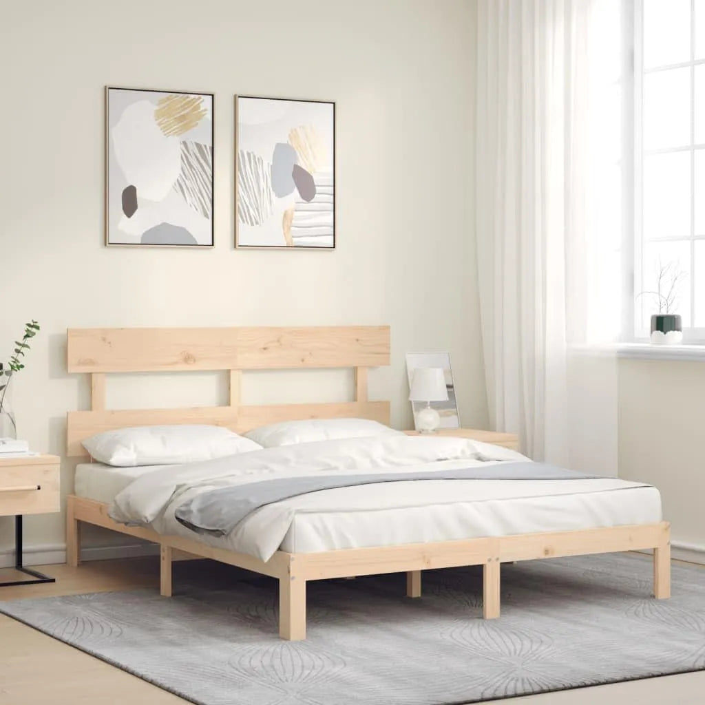 Łóżko z litego drewna z zagłówkiem z drewna sosnowego: 150 × 200 cm, tapicerka materiałowa