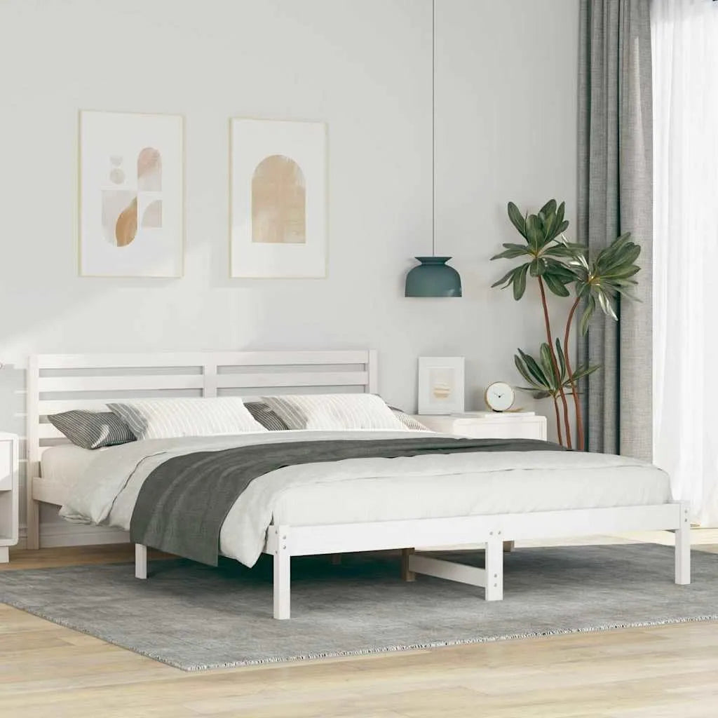 Łóżko z litego drewna sosnowego z zagłówkiem w kolorze białym — z drewna, 160 × 220 cm, tapicerka materiałowa