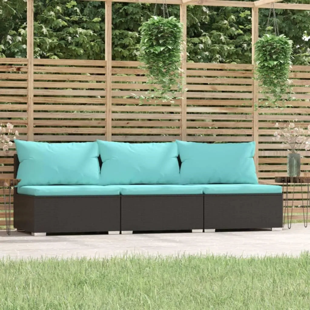 Sofa — z poduszkami, 3-osobowa, czarny, z metalu, z technorattanu