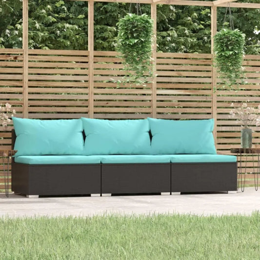 Sofa — z poduszkami, 3-osobowa, czarny, z metalu, z technorattanu