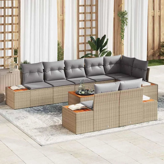 Sofa narożna — modułowa konstrukcja, z drewna, z poduszkami, z technorattanu, beżowy