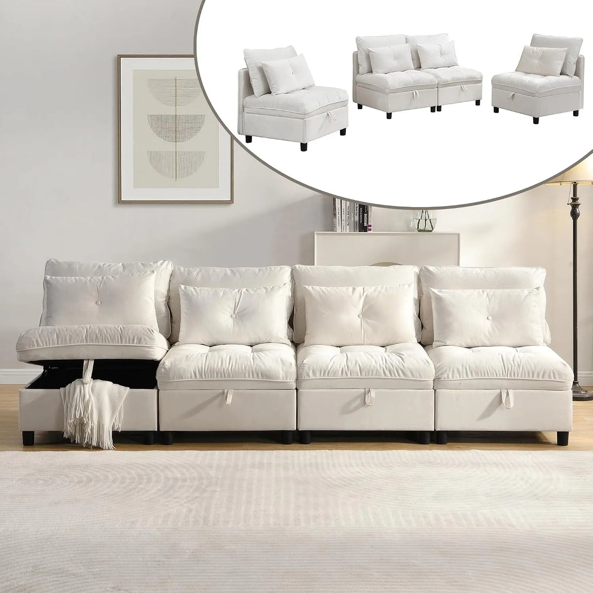 Sofa narożna – modułowa konstrukcja, z tkaniny szenilowej, z funkcją spania, 4-osobowa, beżowy