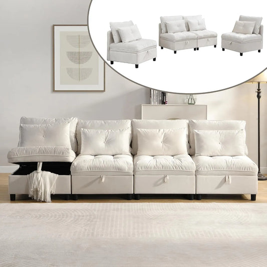 Sofa narożna – modułowa konstrukcja, z tkaniny szenilowej, z funkcją spania, 4-osobowa, beżowy
