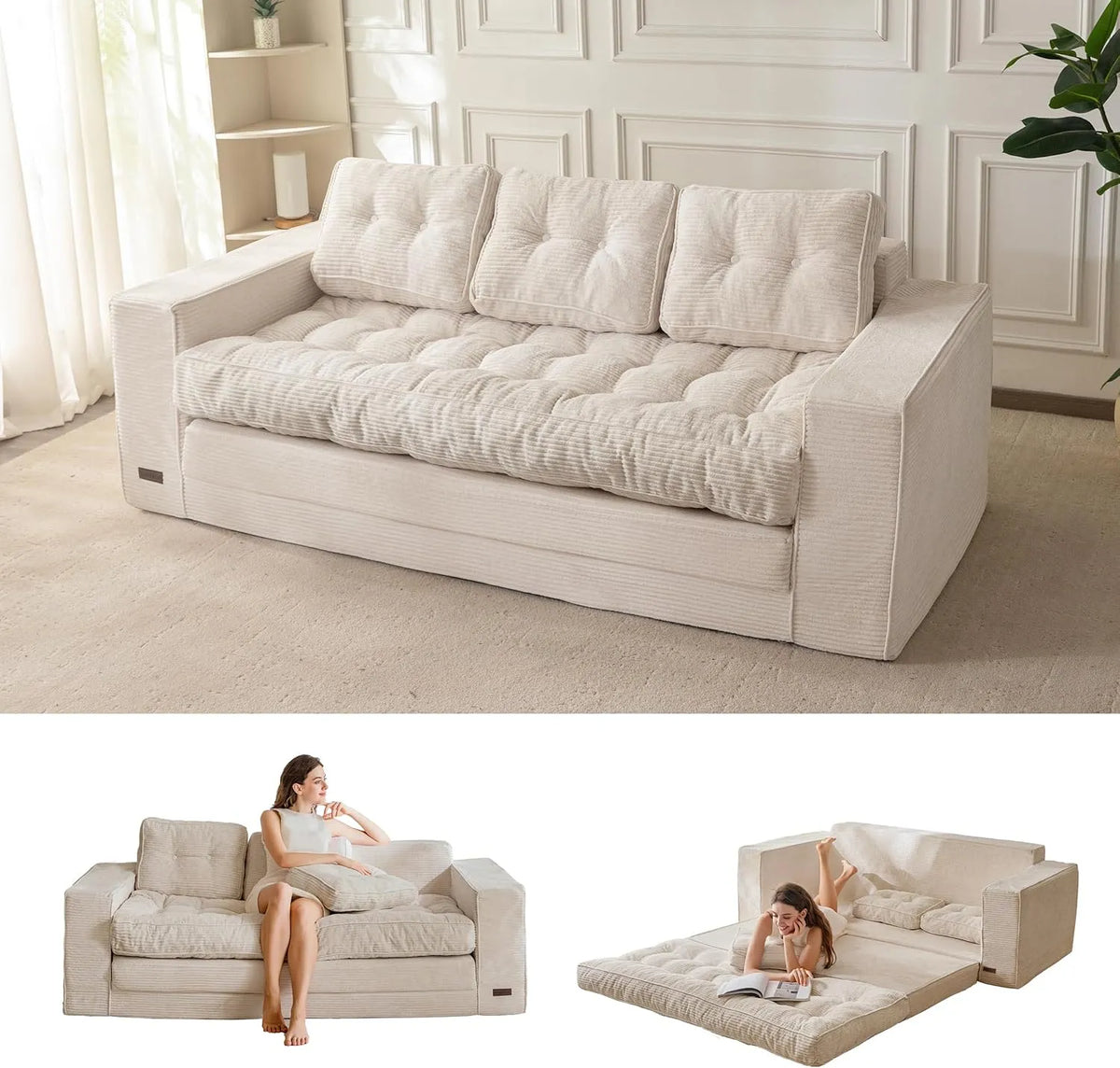 Sofa — ze sztruksu, z funkcją spania, z poduszkami, składana konstrukcja, 3-osobowa, 101 × 196 cm, 190 cm