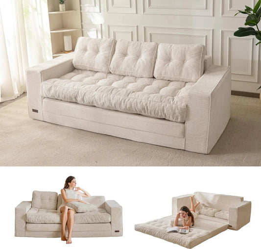 Sofa — ze sztruksu, z funkcją spania, z poduszkami, składana konstrukcja, 3-osobowa, 101 × 196 cm, 190 cm