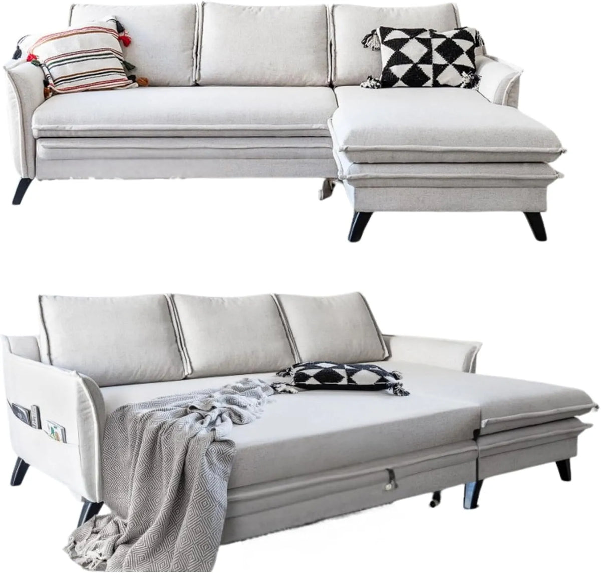 Sofa narożna – tapicerka materiałowa, z drewna, beżowy, rozkładana konstrukcja, tapicerka materiałowa