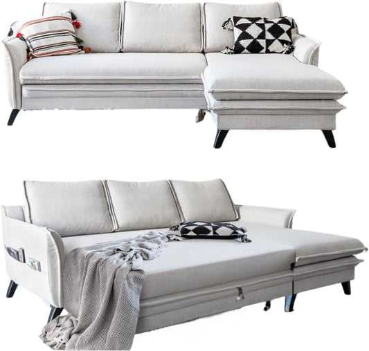 Sofa narożna – tapicerka materiałowa, z drewna, beżowy, rozkładana konstrukcja, tapicerka materiałowa