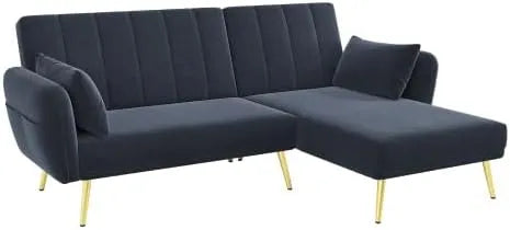 Sofa narożna — w kształcie litery L, z funkcją spania, z oparciem, tapicerka aksamitna, 2-osobowa, 191, 5 × 130 × 80 cm, czarny
