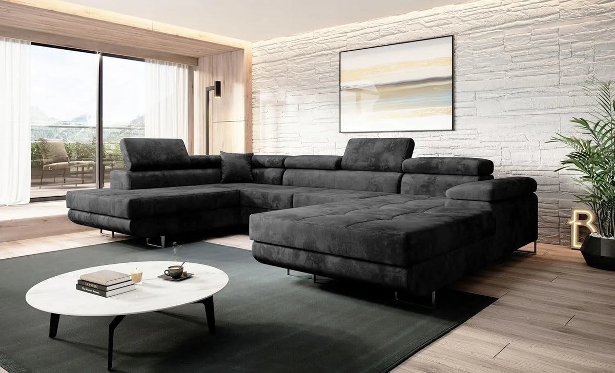 Sofa narożna – U 345, w kształcie litery U, z funkcją spania, tapicerka aksamitna, 345 × 72 × 205 cm, z pojemnikiem do przechowywania