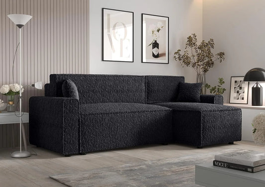 Sofa narożna – BIS, z funkcją spania, tapicerka bouclé, 252 cm, 85 cm, 140 cm, czarny
