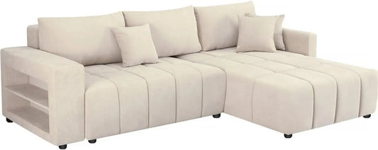 Sofa narożna – Beżowa, z tkaniny szenilowej, tapicerka materiałowa, 3-osobowa, beżowy, rozkładana konstrukcja